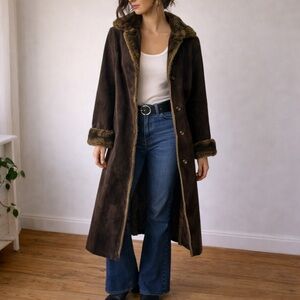 VTG Chocolate Brown Suede Leather Faux Fur Penny Lane Coat Medium Petite 70s